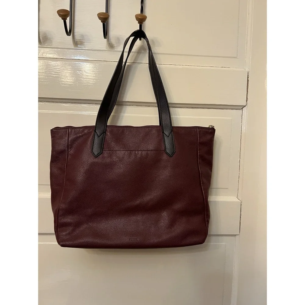 Fossil Maroon Wine Fiona Leather Tote Shoulder Bag Double Handles Zip Purse